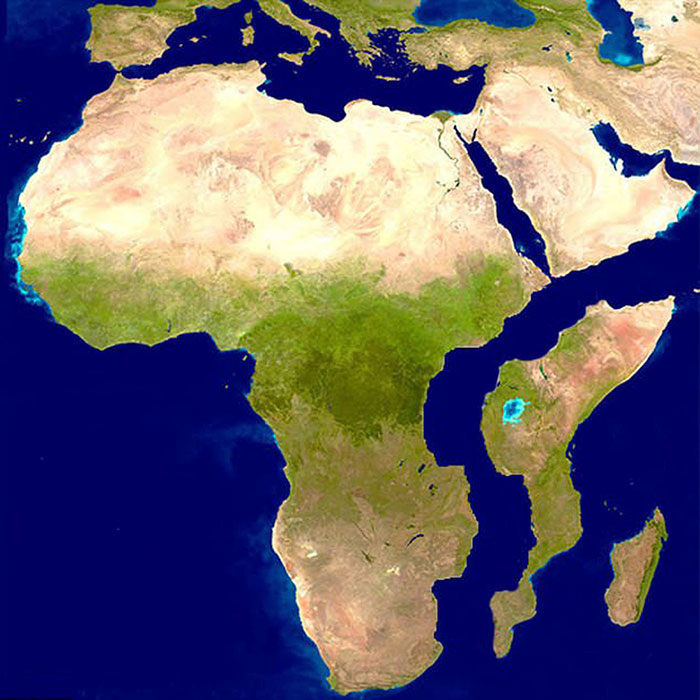 Satellite image of Earth showing the African continent, illustrating changes in Earth's landscape over time.