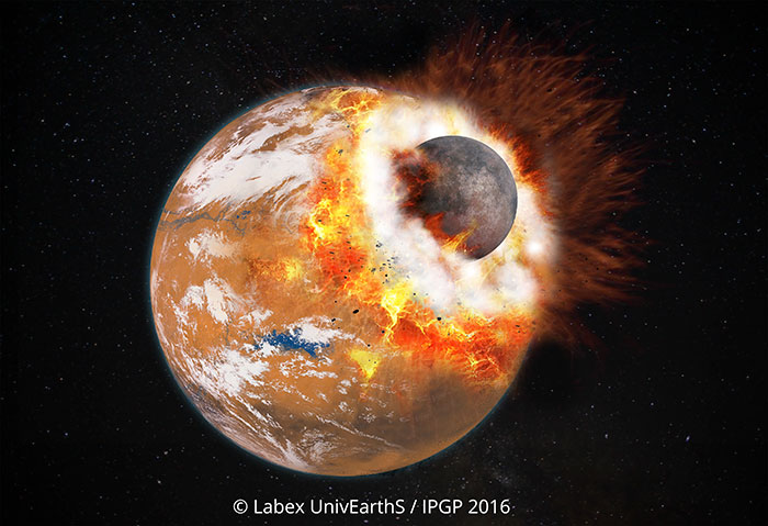 Collision of a large celestial body impacting Earth, illustrating possible future events to Earth in the next trillion years.
