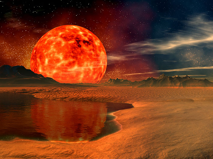 Futuristic red sun setting over barren landscape with water reflection showing things that will happen to Earth.
