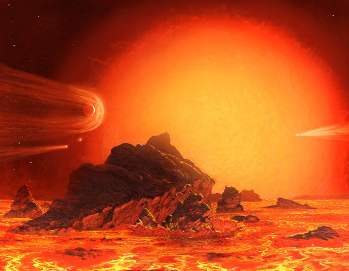 Fiery rocky landscape under a massive glowing sun depicting future Earth changes in the next trillion years.