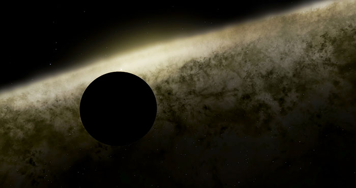 Silhouette of a dark planet with a glowing galaxy background illustrating things that will happen to Earth in the future.