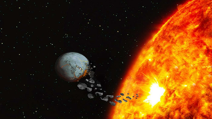 Earth breaking apart near a fiery sun explosion with asteroids floating in space showing future Earth changes.