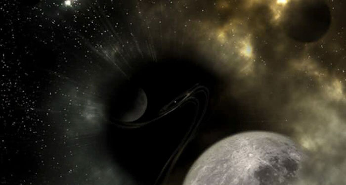 Dark space scene with planets and cosmic dust illustrating things that will happen to Earth in the next trillion years.