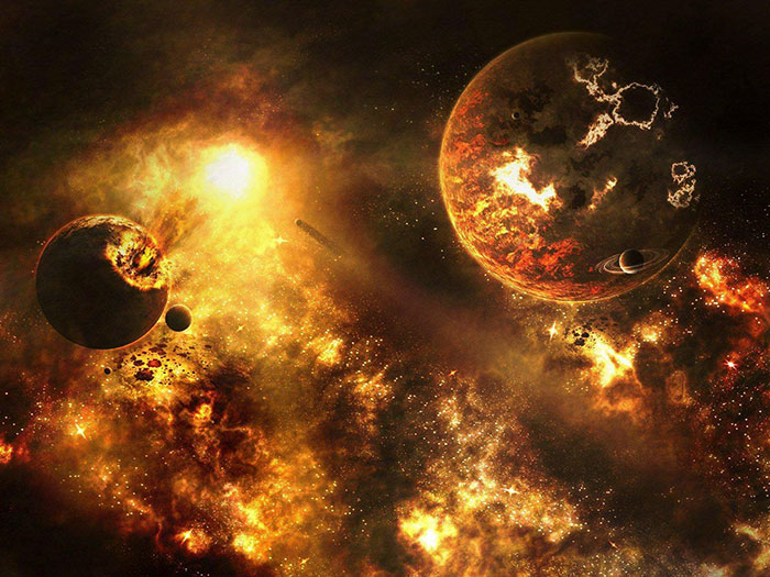 Fiery cosmic explosion showing planets damaged and glowing in space, illustrating Earth’s fate in the next trillion years.