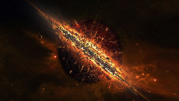 Fiery destruction of a planet in space illustrating future events that will happen to Earth in the next trillion years.