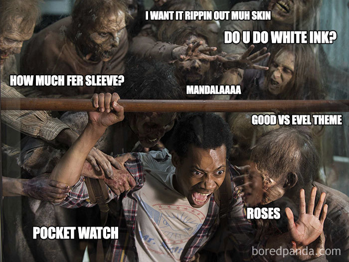 Person overwhelmed by choices with tattoo memes, including requests for sleeve prices, mandalas, and white ink.