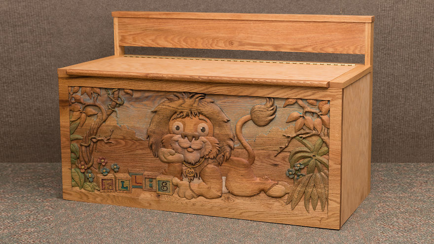 I Hand Carved Two Wooden Toy Boxes For Twins Designed Based On Their Favorite Toys