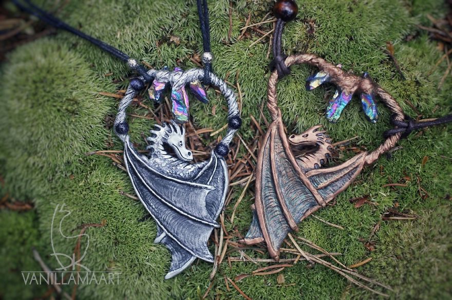 Dragon Pendants With Rainbow Quartz Crystals