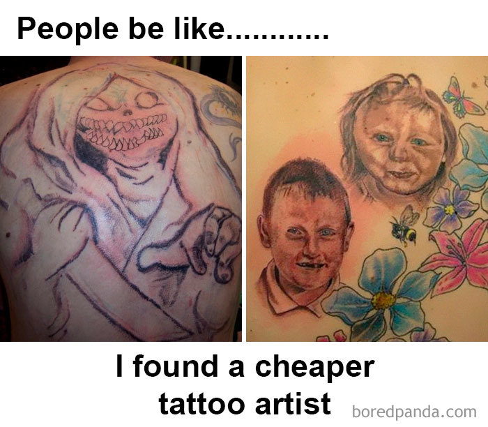 Bad tattoo memes comparing a creepy figure and poorly drawn portraits, highlighting cheaper tattoo artist choices.
