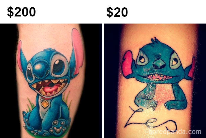 Comparison of professional vs. amateur tattoos featuring a cartoon character, highlighting tattoo meme humor.