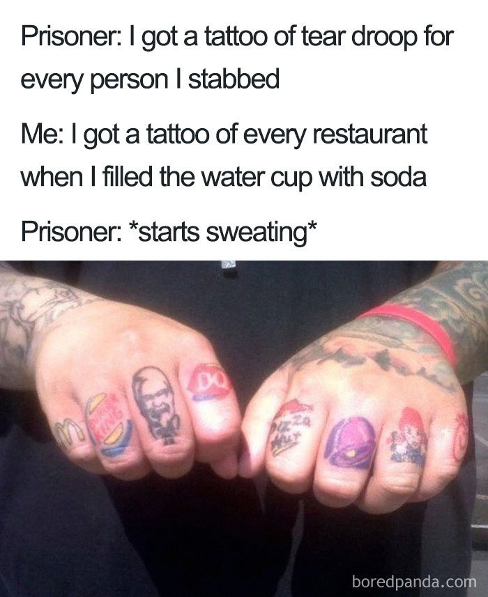 Tattoo meme featuring hands with fast food logos inked on knuckles, highlighting humor in unexpected tattoo choices.