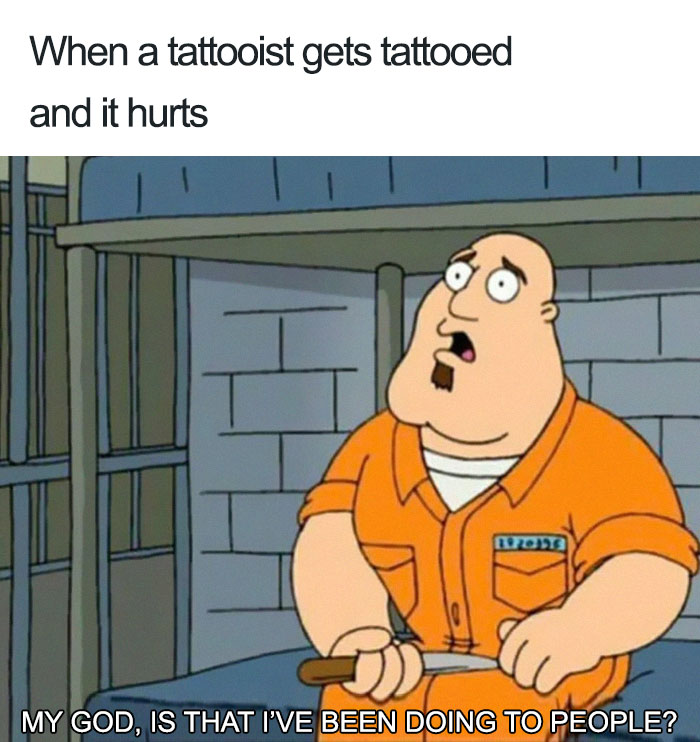 Cartoon character in orange jumpsuit reacts humorously to getting a tattoo, a relatable tattoo meme moment.