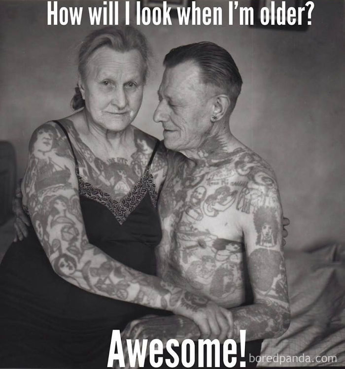 Elderly couple proudly displaying tattoos, showcasing tattoo humor.