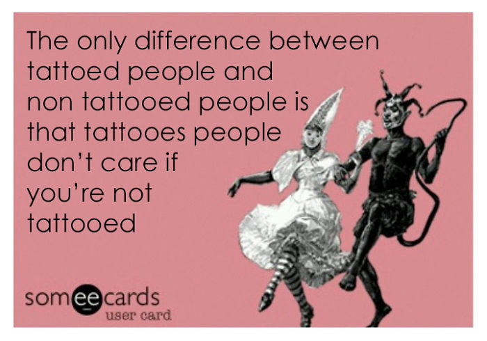 A humorous ecard contrasting tattooed and non-tattooed people with a vintage illustration.