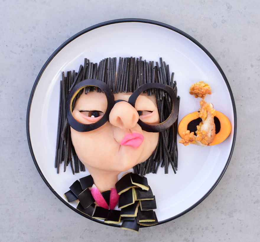 Edna E Mode - Mash Potato With Squid Ink Pasta And Crumbed Chicken