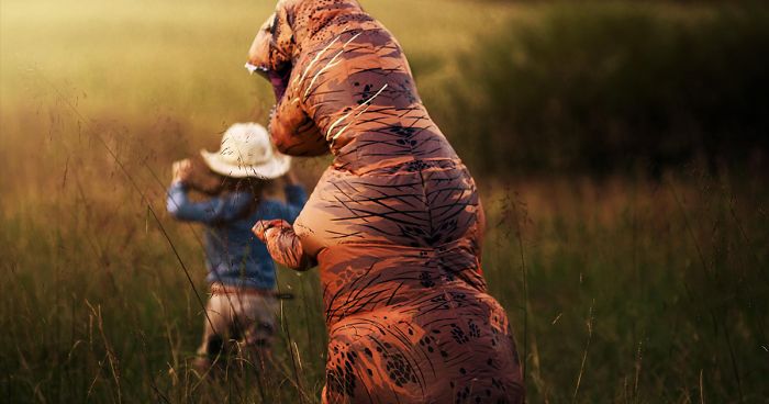 Internet Is Laughing At These Family Pics After Mom Lets Autistic Son Wear T-Rex Suit As He Hates Being Photographed
