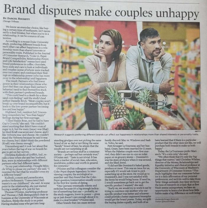Found In The Chicago Tribune: "Brand Disputes Make Couples Unhappy"