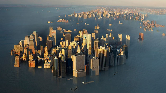 A city skyline submerged in water illustrating possible Earth changes in the next trillion years according to scientists.