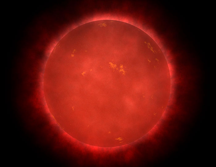 Red giant star glowing with a fiery atmosphere, illustrating changes in Earth’s future according to scientists' predictions.