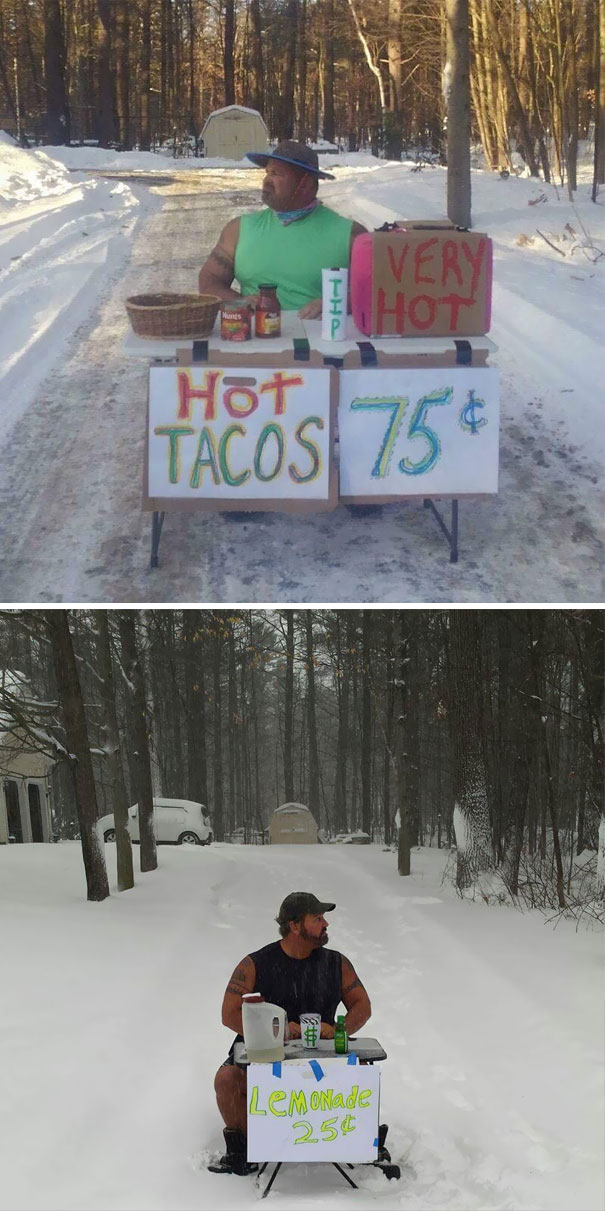 Funny dad selling tacos and lemonade in the snow, wearing sleeveless shirts at makeshift roadside stands.