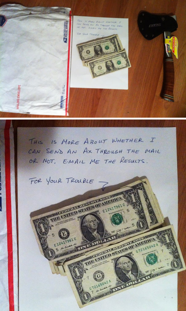 Funniest dads ever: a note with cash asking if an axe can be mailed, laid out with an axe and envelope.