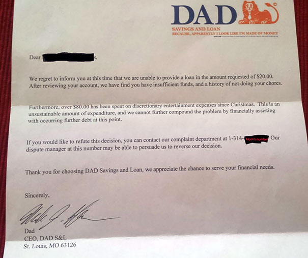 Funny dad writes humorous loan rejection letter, citing household chores and entertainment expenses as reasons.