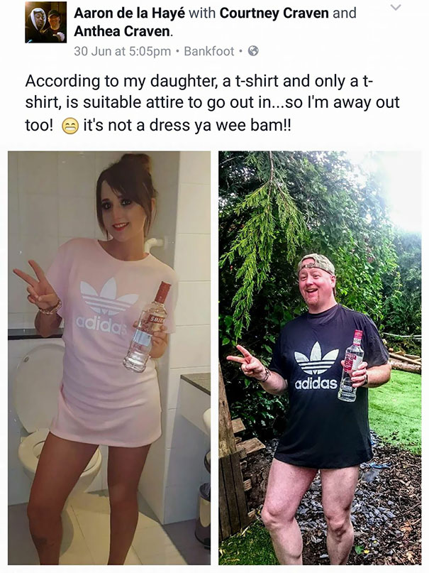 Funny dad imitating daughter's outfit, wearing a long Adidas shirt, holding a bottle, and posing with a peace sign.