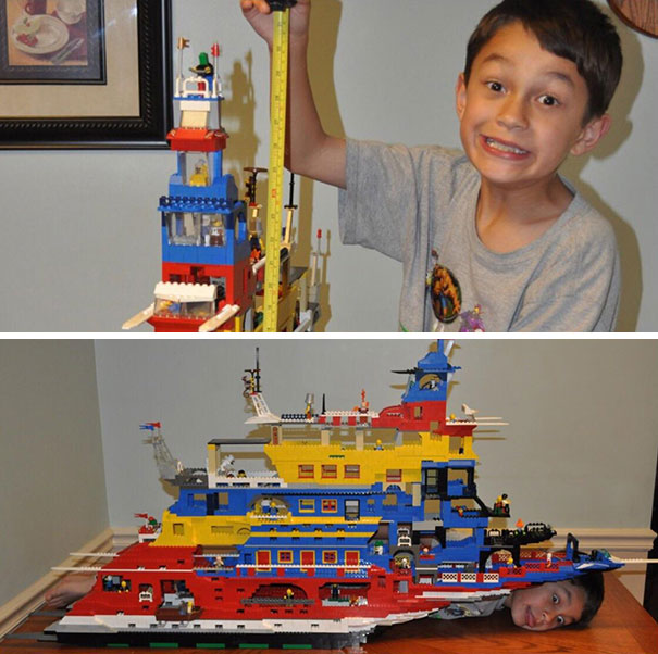 Child measuring a large LEGO ship with a tape measure, showcasing a playful dad's humor.