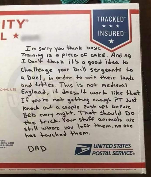 Funny dad note written on a postal box, humorously advising about basic training and dueling drill sergeants.