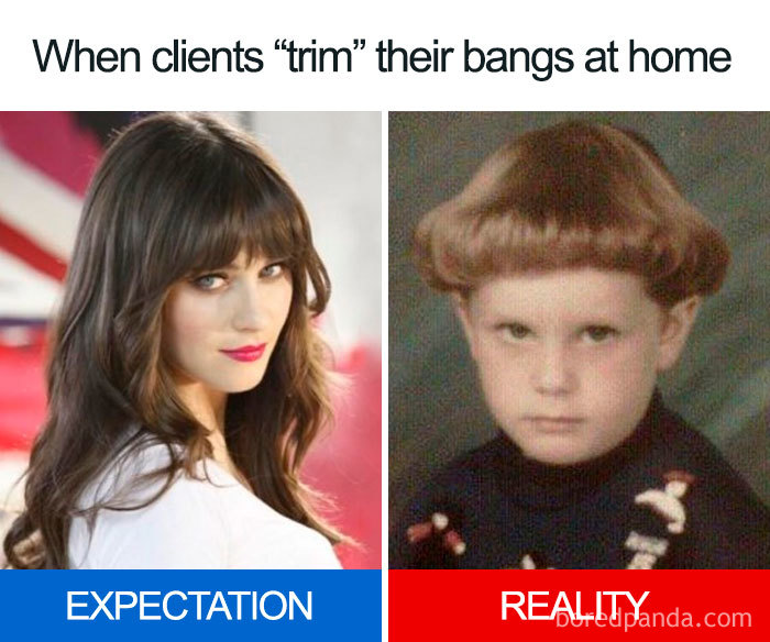 Expectation vs. reality meme showing a perfect hairstyle on the left and an uneven haircut on the right.