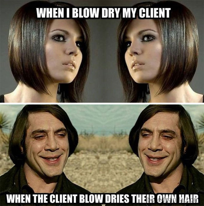 Hairstylist meme: Top shows styled hair after blow drying, bottom shows disheveled hair when done by the client.
