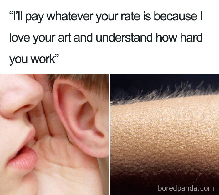 Meme showing someone whispering "I'll pay whatever your rate is" with a close-up of goosebumps, highlighting hairstylist humor.