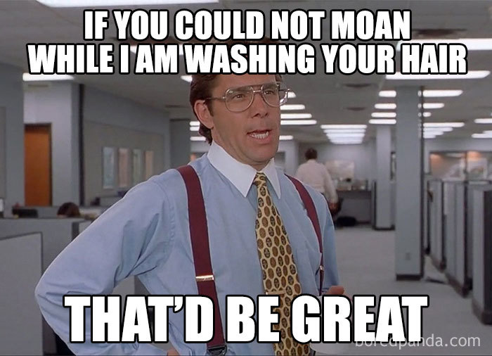 Man in office attire with a humorous caption about hairstylists, referencing challenges faced during hair washing.