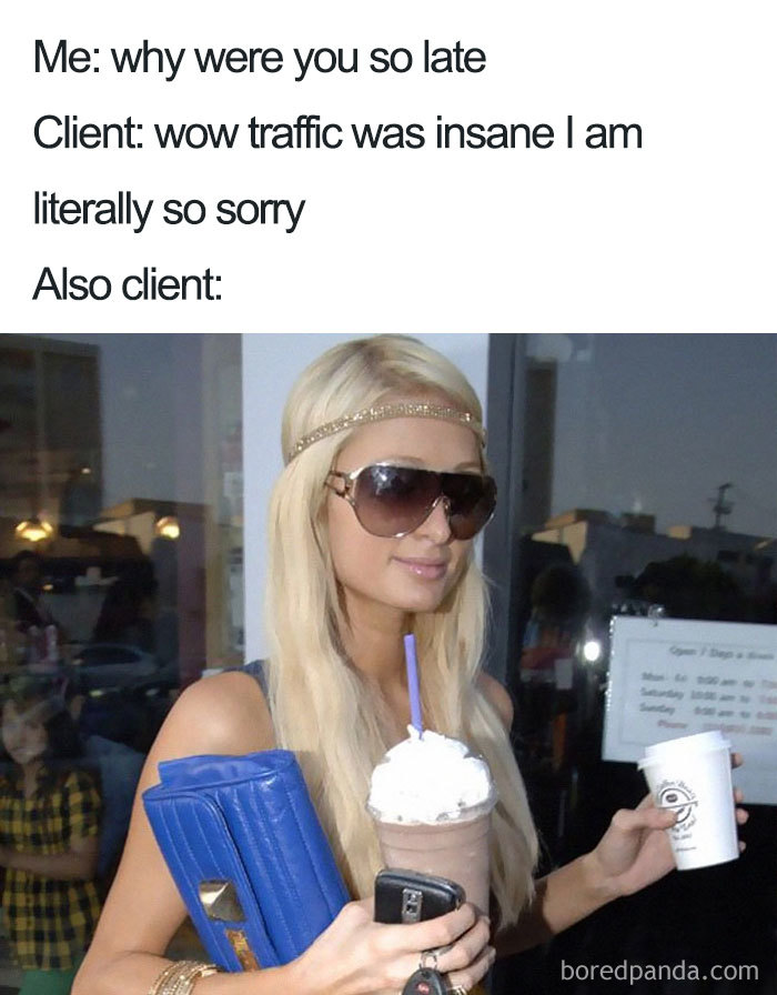 A woman with sunglasses holding drinks and a clutch, accompanied by text about a client's late arrival; theme: hairstylist memes.