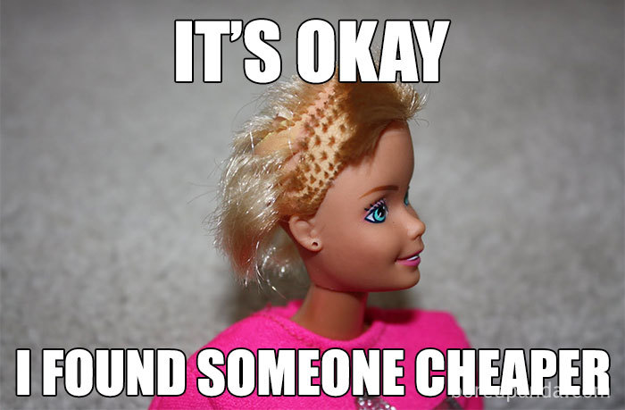 Barbie doll with a humorous caption about hairstylist costs, showcasing a funny hair mishap.