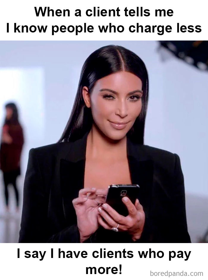 Hairstylist meme featuring a woman holding a phone with witty text about client prices.