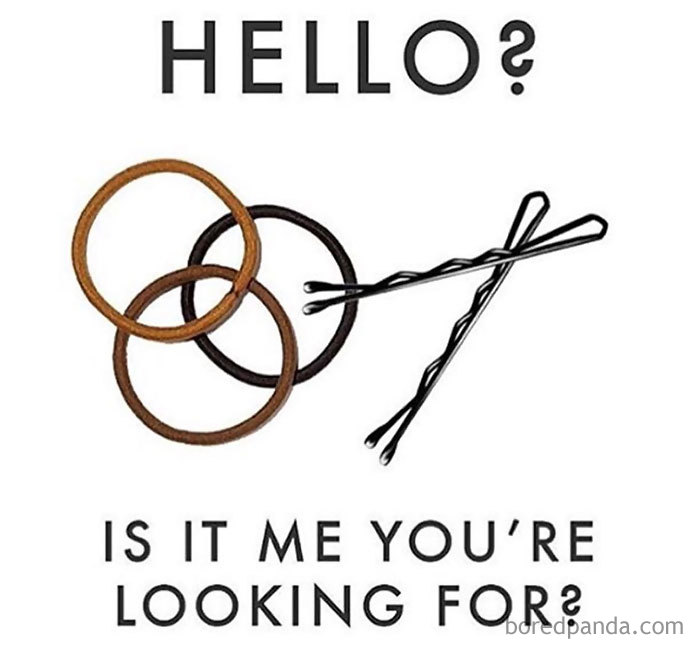 Hair ties and bobby pins arranged humorously with text: "Hello? Is it me you're looking for?"