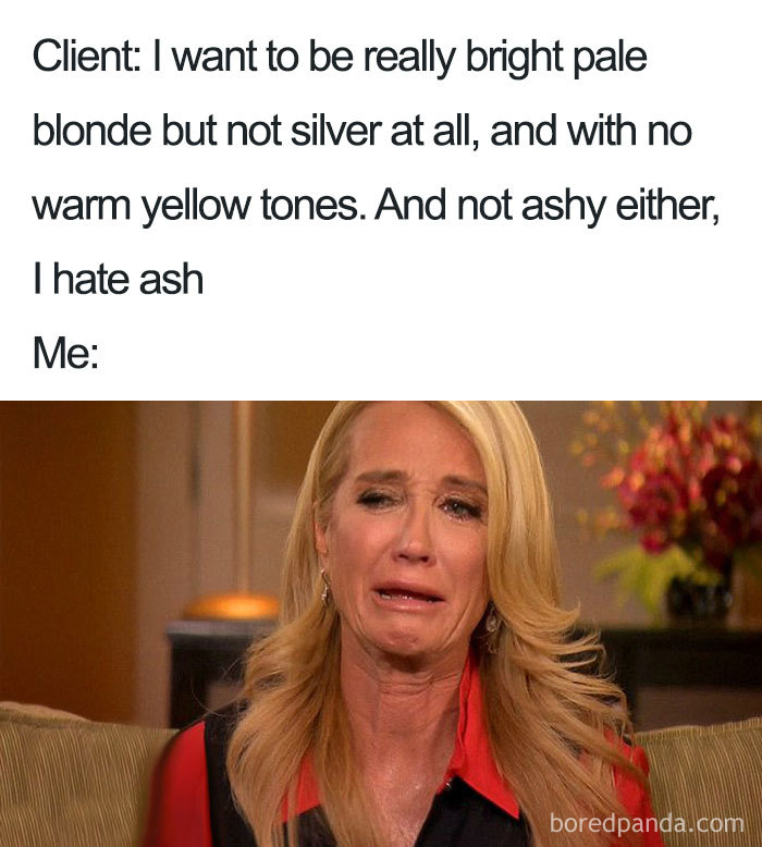 Meme of hairstylist's dilemma with client requests, featuring a person crying in frustration.