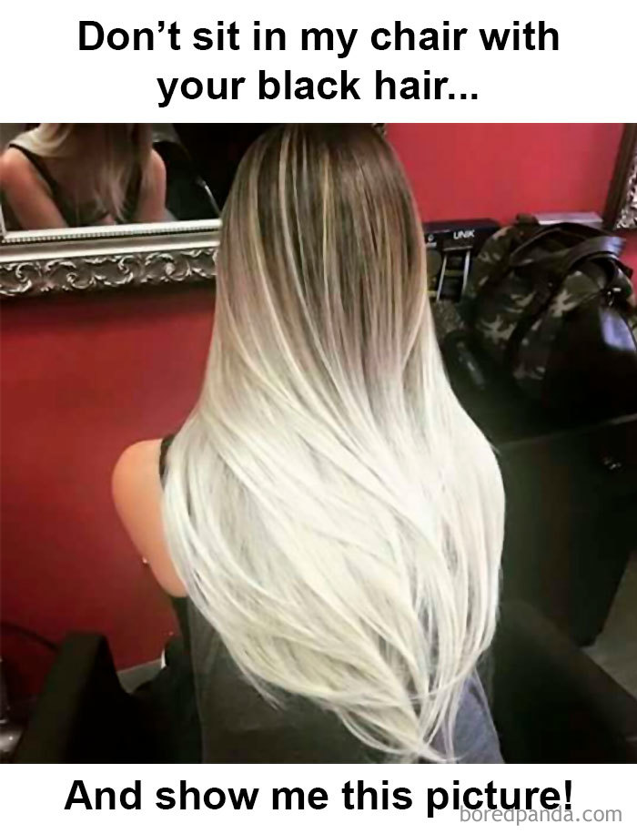 Hairstylist meme featuring a person with long, light hair facing away, humorously commenting on hair color expectations.