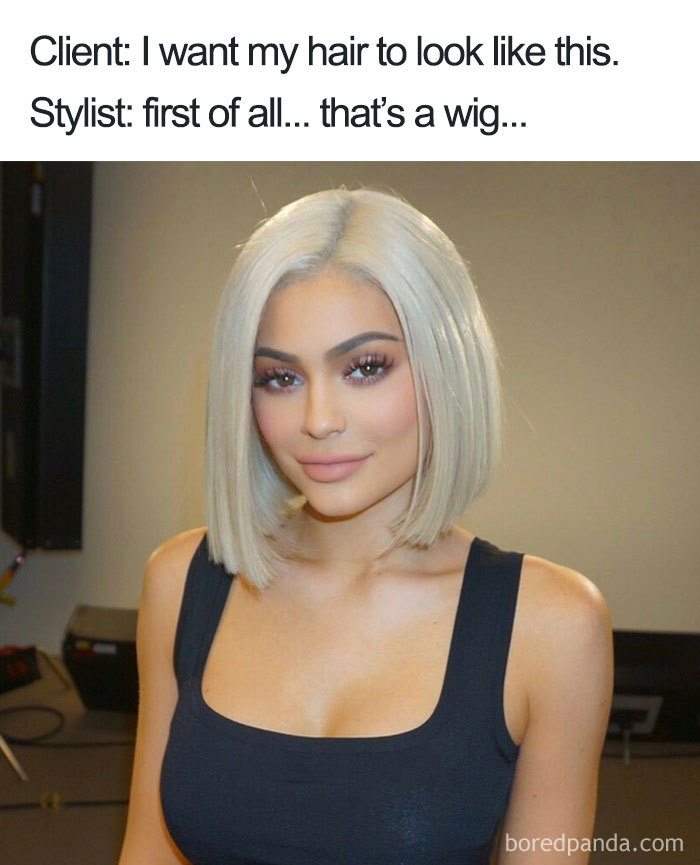 A woman with blonde hair and a black top; text humorously addressing hairstylist misunderstandings.