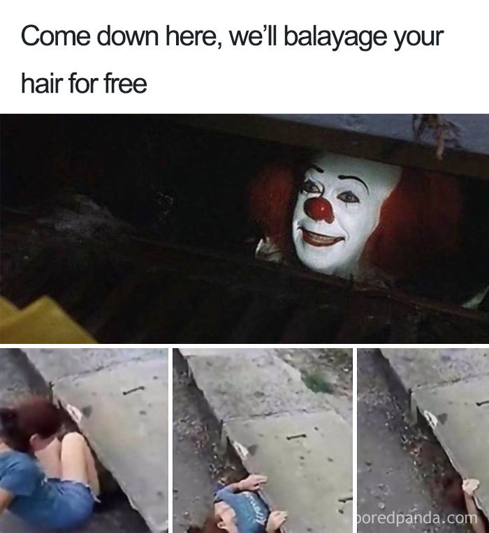 Creepy clown offering free balayage, woman reacting humorously, highlighting memes about hairstylists.