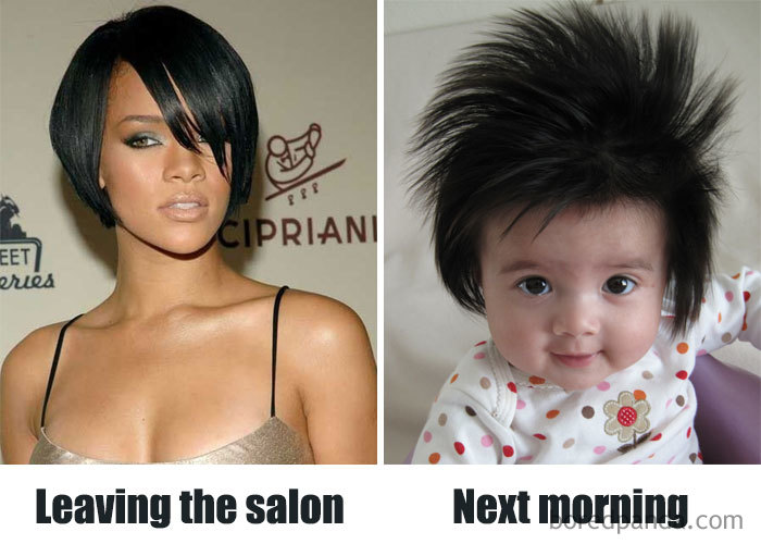 A woman with a chic hairstyle on the left, and a baby with wild hair on the right; a hairstylist meme.