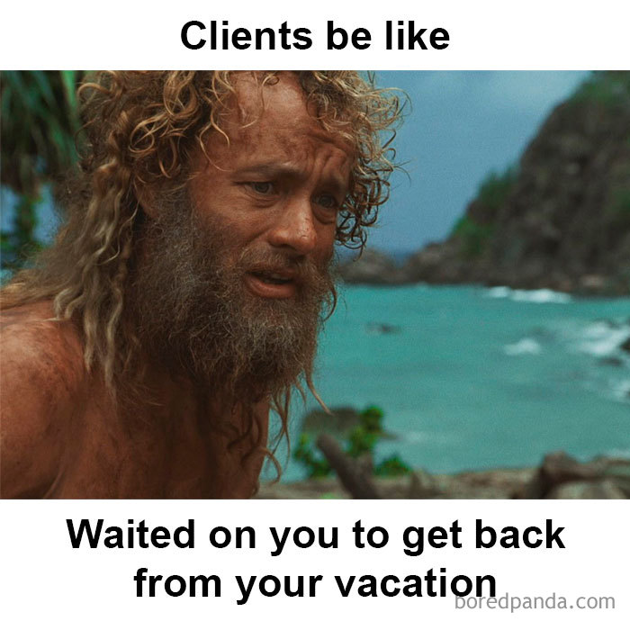 A man with wild hair on a beach, meme about feeling bad for your hairstylist.