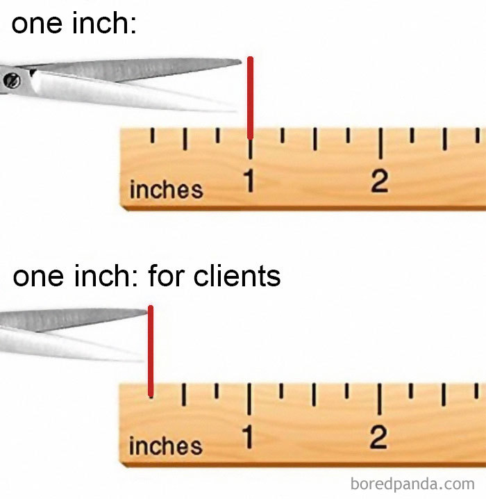 Meme comparing hairstylist's one inch to client's perception using scissors and a ruler.