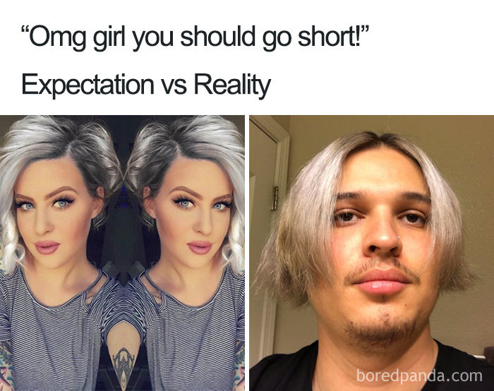 Expectation vs reality meme showing a hair transformation with unexpected results.