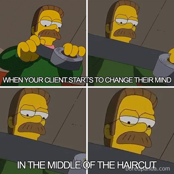 Cartoon character humorously using tape, poking fun at hairstylist struggles with indecisive clients.