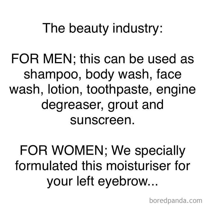 Meme humorously contrasting men's and women's beauty products in the beauty industry.