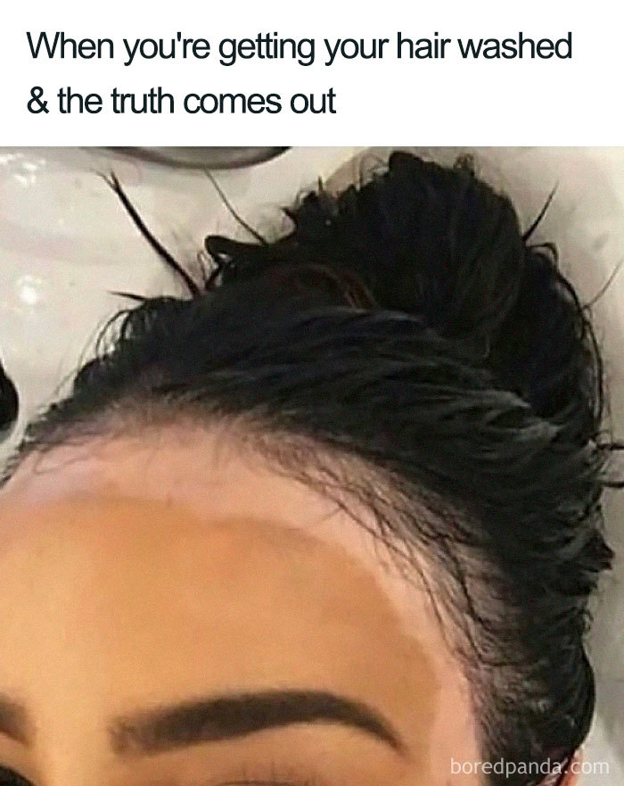 Funny meme showing a person getting their hair washed, revealing lighter skin under hairline.