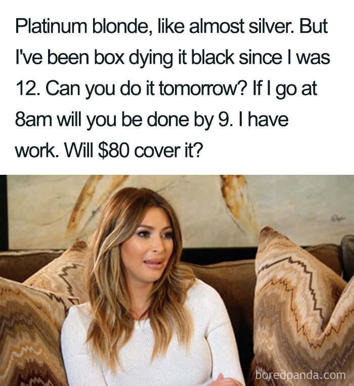 Woman sitting on a couch, humorously discussing unrealistic hair dye expectations with a hairstylist.