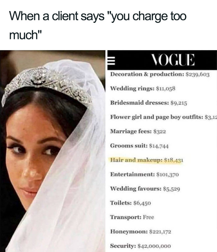 Bridal meme humorously highlighting hairstylist expenses of $18,431 in a fictional wedding budget list.